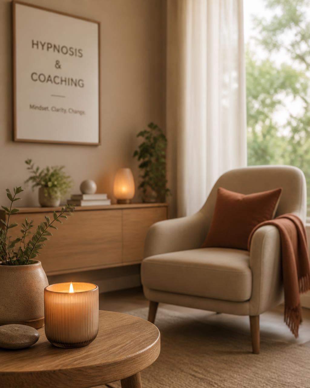 A peaceful office setting with a comfortable chair and a glowing candle