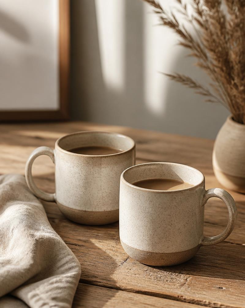 Two ceramic mugs on a wooden table representing online sessions