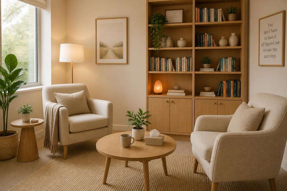 A peaceful consulting room with warm lighting and natural materials